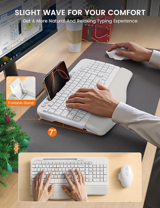 SABLUTE Wireless Keyboard and Mouse Combo, Ergonomic Wave Keys, Cushioned Palm Rest, Rechargeable, Phone Holder, Natural Typing, 2.4G Lag-Free, MA22 Plus Full Size Keyboards Set for Windows/Mac, White