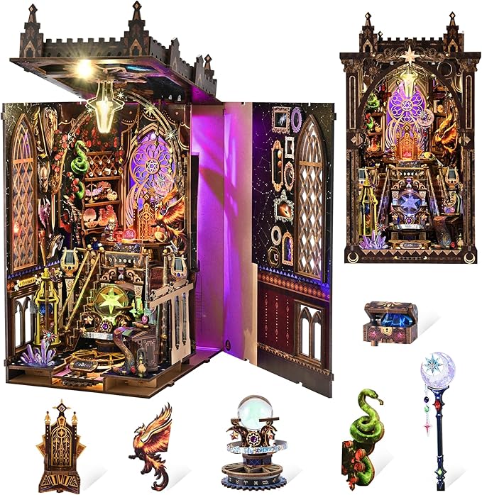 TOYQI Book Nook Kit, Book Nook Kits for Adults, DIY Miniature Dollhouse Kit 3D Wooden Puzzle Booknook Bookend with LED Light - Divination Fate Destiny 12 Constellation Zodiac Signs