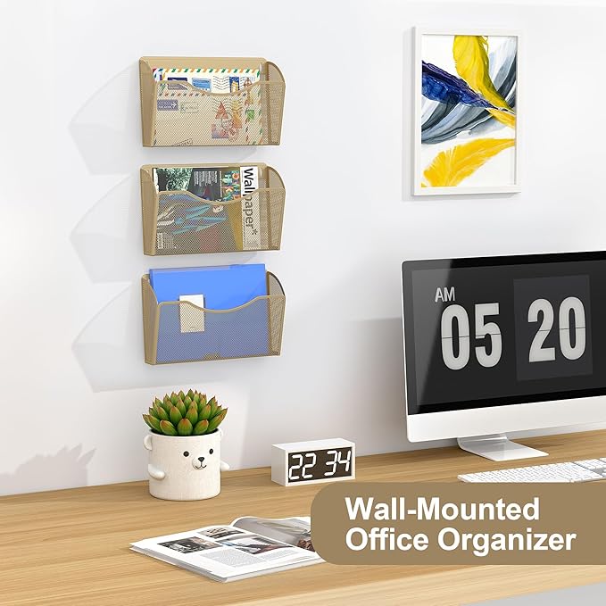 EasyPAG Wall File Organizer, Metal Mesh Hanging File Folder Holder for Letter/A4 Size Folders, Vertical Wall Mount Mail Sorter for Office Paperwork, Classroom, Gold