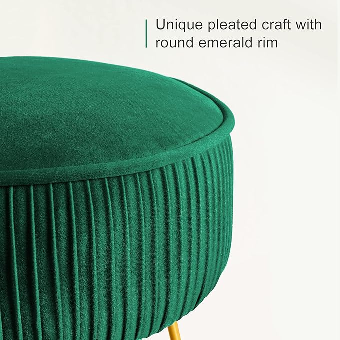LUE BONA Pleated Vanity Stool, Velvet Upholstered for Makeup Room, Round Mondern Stool for Vanity, Ottoman Footrest with Metal Legs for Living Room, Bedroom, Emerald