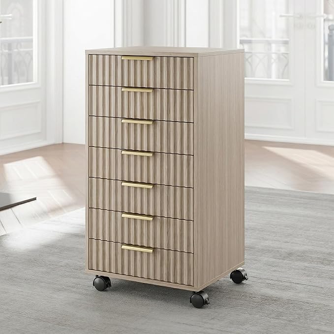 7 Drawer File Cabinet, Wooden Office Cabinet with Drawers, Fluted Storage Filing Drawer for Home Office, Light Walnut