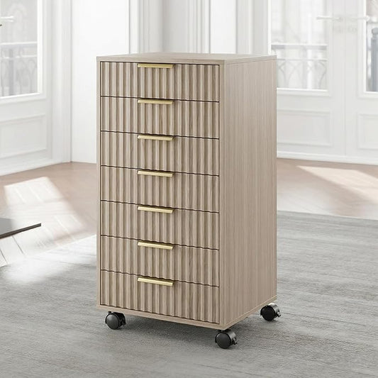 7 Drawer File Cabinet, Wooden Office Cabinet with Drawers, Fluted Storage Filing Drawer for Home Office, Light Walnut