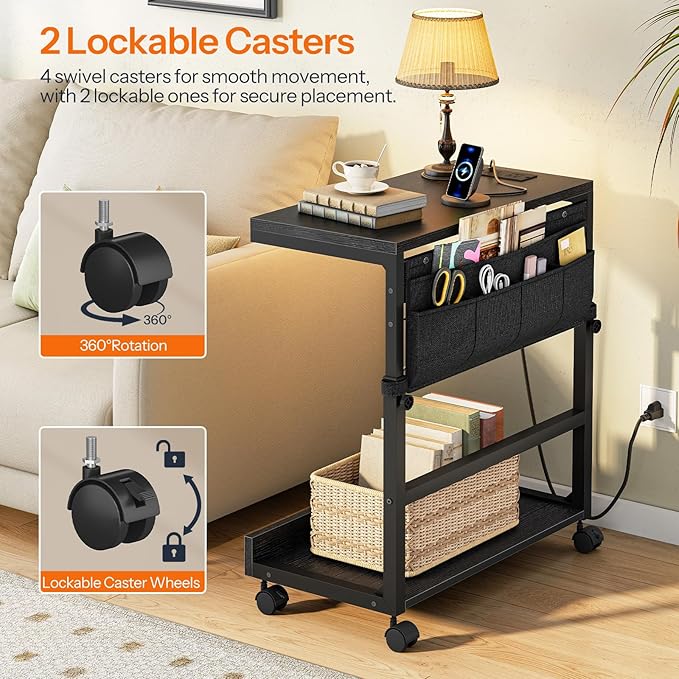 HOOBRO Computer Tower Stand, PC Stand with Charging Station, PC Tower Stand Height Adjustable Under Desk, Large CPU Holder Cart with Locking Casters & Storage Pockets, for Home Office, Bedroom BB72UCJ01