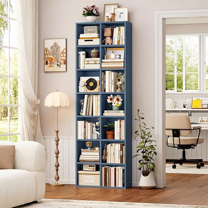 FOTOSOK 71'' Tall Bookshelf with 14 Cubes, 7 Tier Double Wide Bookshelf with 6 Adjustable Shelves, 19.6" Narrow Bookcase DVD/CD Media Storage Shelf, Space Saving Display Shelf Cabinet, Blue
