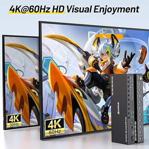 10 Port 8 Port KVM Switch HDMI 4K@60Hz EDID Simulation, USB 3.0 HDMI KVM Switch for 10 Computers Share 1 Monitor and 4 USB Devices, KVM Switches with Audio RS232 Wired Remote 12V Power and USB Cable