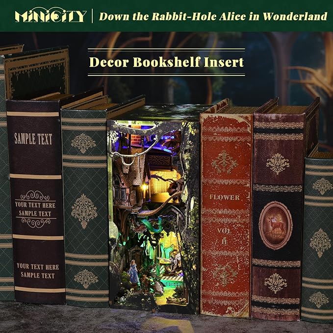 MiniCity DIY Book Nook Kit, DIY Miniature Dollhouse with Lights for Adults and Teens (Down The Rabbit-Hole Alice in Wonderland)