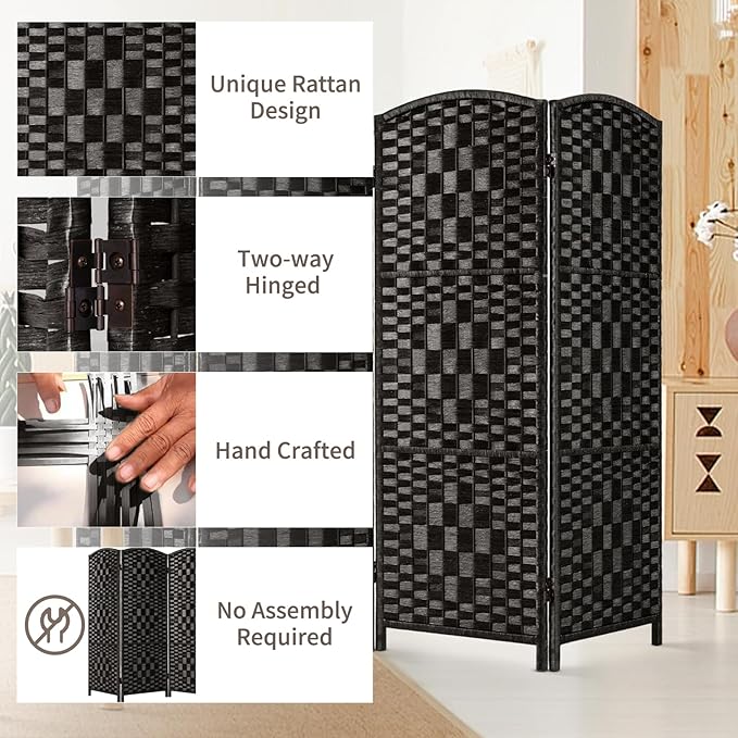 HALLYBEE Small Room Divider, Privacy Screen, Short Room Dividers and Folding Privacy Screens, Foldable Temperary Wall Partitions, 4 Panel Black Space Separation Separator