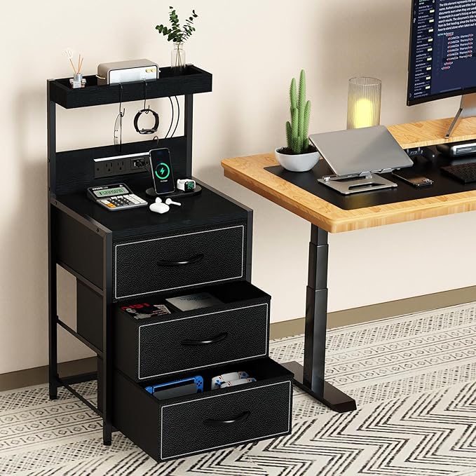 SZLHANJZ LED Nightstand with Charging Station, Night Stand with 3 Drawers and Lights, Storage Side Table with Shelf and Hooks, Tall End Table for Bedside, Bedroom, Modern Black