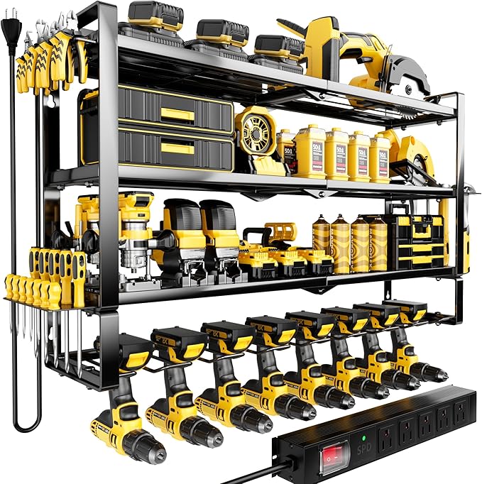 Large Power Tool Organizer Wall Mount with Charging Station,4 Layer Heavy Duty Metal Tool Storage Rack with 5-Outlet Power Strip,Loads 400lbs with 8 Cordless Drill Holder,Battery Utility Tool Shelf