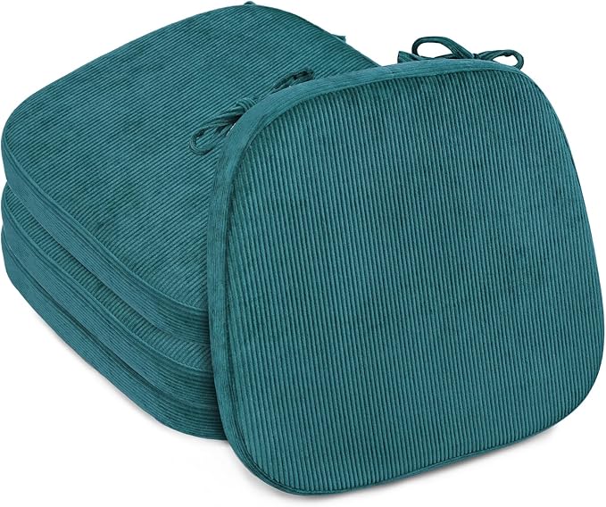 2.5" Thick Chair Cushions for Dining Chair, Corduroy Foam Kitchen Chair Pads, U Shaped Indoor Seat Cushions with Ties & Non-Slip Backing, Removable Washable Cover, 17''x16.5'', Set of 4, Blue