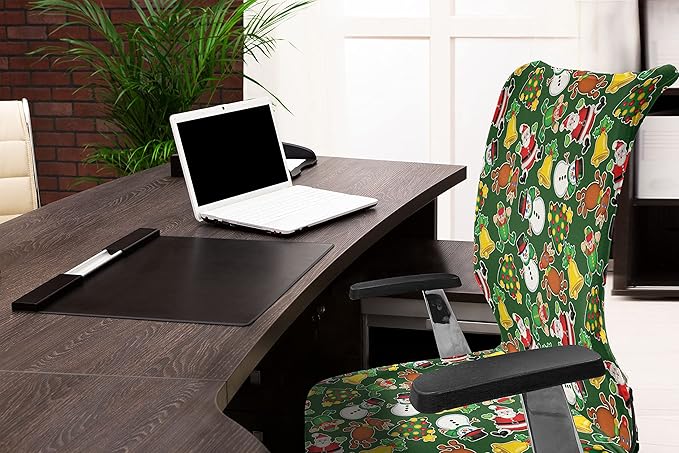 Ambesonne Christmas Office Chair Cover, Vivid of Joyous Holiday Celebration Jumping Dancing Cheery Cartoon for Yule, Stretchable Decorative Universal Size High Back Printed Slipcover, Green Red