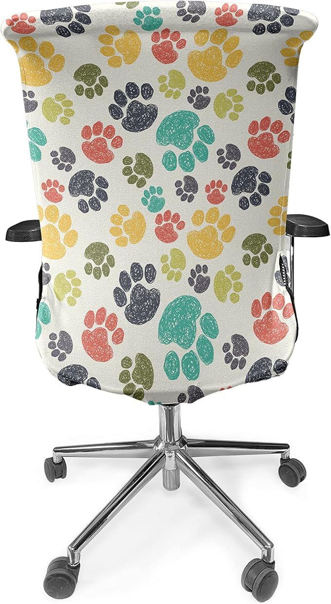 Ambesonne Dog Lover Office Chair Cover, Hand Drawn Paw Print Doodles Circular Pattern Drawing Style Animal, Stretchable Decorative Universal Size High Back Printed Slipcover, Charcoal Beige