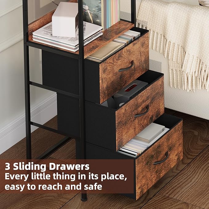 Somdot 5 Tier Bookshelf with Drawer, Tall Bookcase with Shelves, Bookshelf Desktop Organizer, Display Standing Shelf Units for Living Room, Bedroom, Study Room,Wood Grain Print