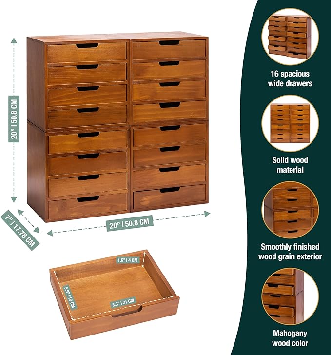 Stackable Modular 4-Pack 16 Drawer Desktop Storage Organizer in Modern Wood Design (20”x7”x 20”) Stackable Drawers For School Office - Crystals, Scrapbook Organization - Declutter Countertop