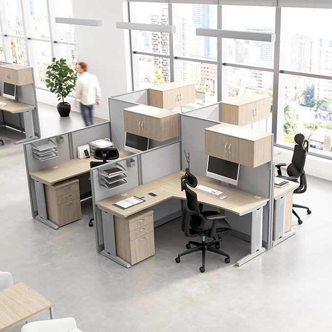 Bush Business Furniture 3 Person L Shaped Cubicle Desks with Storage, Drawers, and Organizers, Office in an Hour Collection, Natural Elm