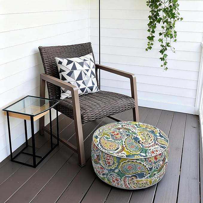 Outdoor Patio Inflatable Ottoman, 21x9 Inch Portable Stool Ottoman with Handle, Round Footrest Stool for Home Garden Camping, Paradise Paisley