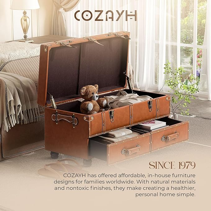 COZAYH Vintage Mid-Century Faux Leather Storage Ottoman Accent Bench - Upholstered Padded Chest for Entryway, Bedroom, Living Room, Tan