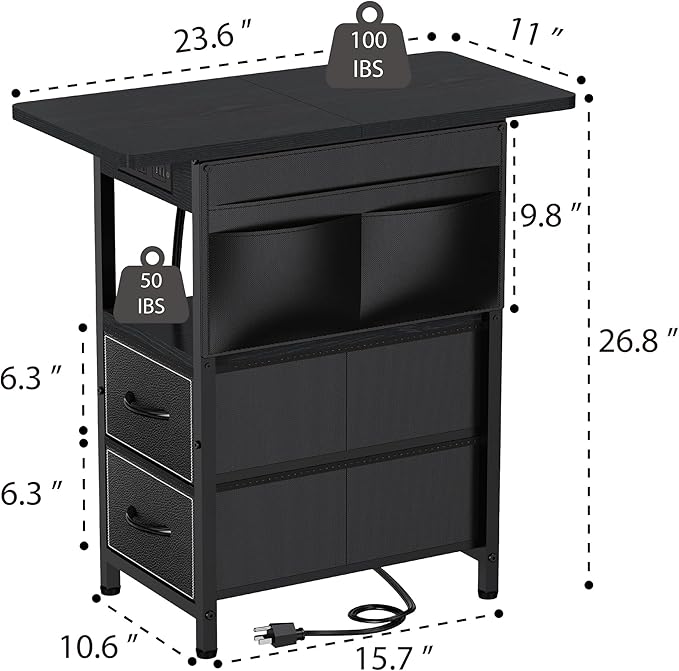 Yenlure Small Side Table with Charging Station, Narrow Nightstand Bedside Tables with Storage Pocket for Living Room Bedroom, Sofa End Table with USB Ports and Power Outlets for Small Spaces