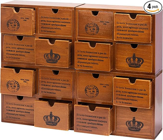 Modular Stackable Set of 4 Mahogany Brown Wood Storage Drawers for Desktop - 16-Drawer Stackable Desk Organizers - Vintage Style Office & Study Table Wooden Storage Boxes, Fully Assembled