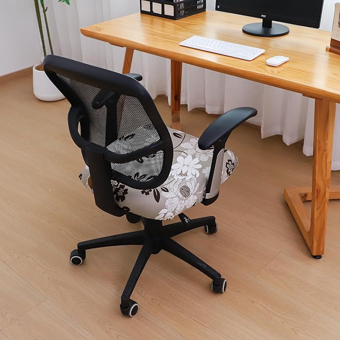 FORCHEER Waterproof Office Chair Seat Cover 20x20 Strechable Beige Floral Computer Desk Chair Seat Slipcover Washable Replacement 1 Piece