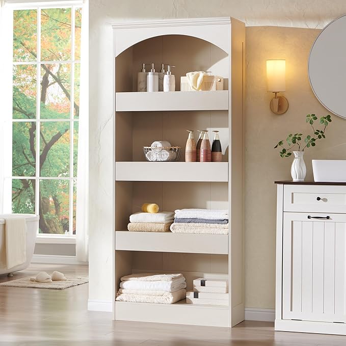 IFGET 76" Tall Arched Bookcase with 1PC Magnetic Lock Drawer, Modern Wooden Arch Bookshelf w/3 Pull-Out Drawers, Farmhouse 4 Tiers Book Shelf w/Open Shelves for Living Room, Office (Cream)