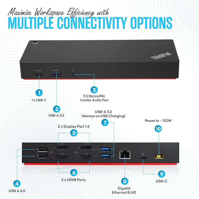 40AF0135US Lenovo Docking Station Dual Monitor Hybrid USB-C with USB-A - Thinkpad Dock with 135W Adap TER, HDMI, DisplayPort, USB C Cable & Cleaning Cloth - Thinkpad Docking Station (NEW)