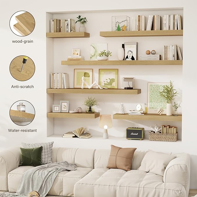 Acovy 12 Inch Floating Shelves, 12" Deep Floating Shelf Wall Mounted, 12" Wall Shelves, Rustic Deep Bookshelf, Extra Deeper Display Shelves & Storage Shelves for Bedroom, Living Room, Set of 3
