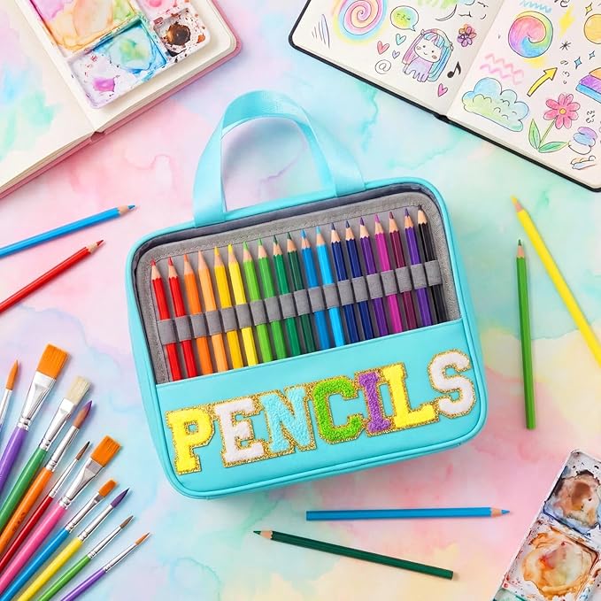 Hillban 108 Slots Large Colored Pencil Case with Chenille Letter Patch Extra Large Capacity Interlayer Pencil Holder Organizer with Handle Zipper Portable Storage Bag Graduation Gift for Artist(Green)