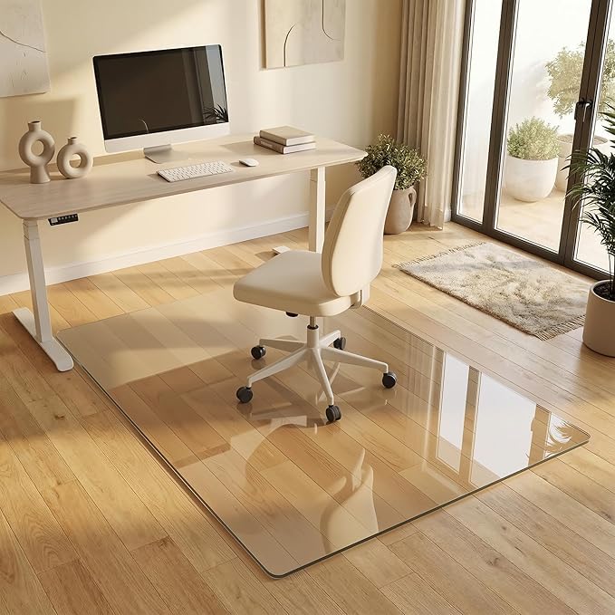 Tempered Glass Chair Mat for Hardwood Floor, 46" x 55" Heavy Duty Glass Office Chair Mat, for Low Pile Carpet, 0.2" Thick with 4 Non-Slip Pads, Smooth Rolling for Home & Office