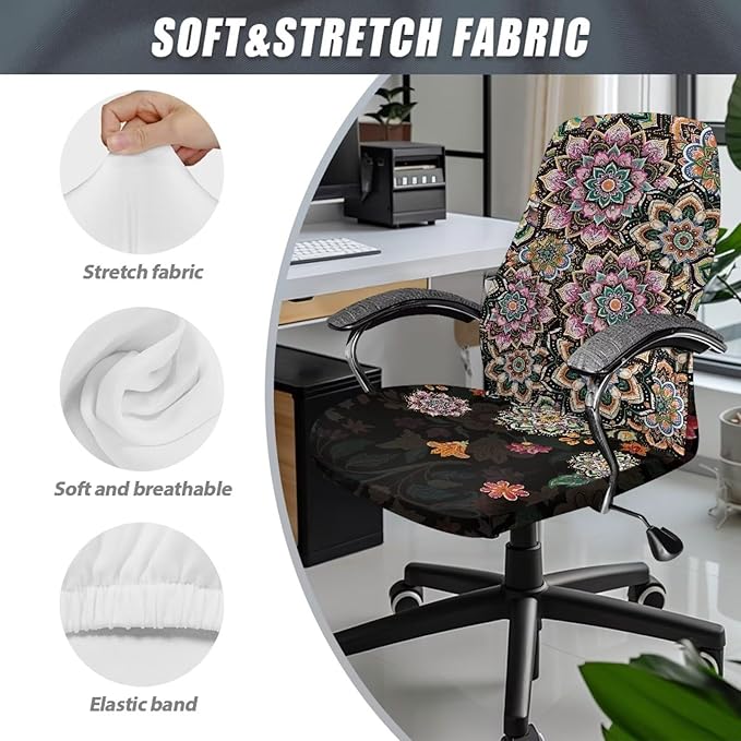 Talayituse Boho Mandala Flower Print Office Chair Cover Stretchable Desk Chair Cover Removable Computer Chair Cover for Office Chair Universal Spandex Rotating Chair Cover Anti-dust Chair Slipcover, L