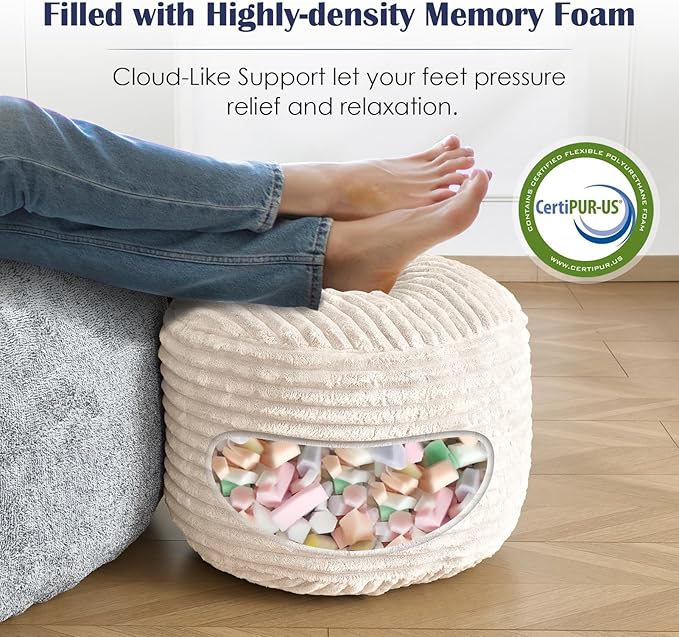 Round Pouf Ottoman,Corduroy Poufs with Memory Foam Filling for Foot Rest,Soft Footstool for Living Room,Office,20"x 15",Beige