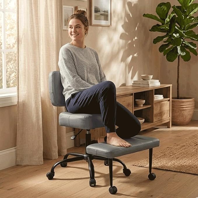 Ergonomic Criss Cross Legged Office Chair, ADHD Chair, 360° Swivel Meditation Kneeling Chair with Wheels, Adjustable Footrest, Bigger & Wider Height Adjustable Seat, Strong Lumbar Support, Grey PU