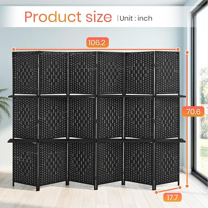 FDW 6 Panel Wood Room Divider - Foldable & Flexible Freestanding Screen, Easy Storage Partition Wall for Home Living Room, Dark Black