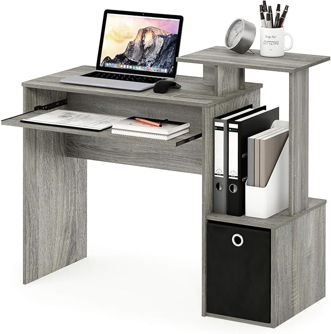 Furinno ECON Desk, 40" Wide Gaming Desk with Keyboard Tray, Computer Desk, Office Desk with Side Shelves and Storage Bin for Home Office, Grey Oak