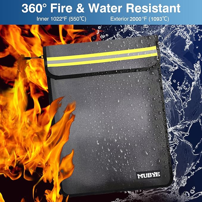 Fireproof Waterproof Money Document Bag - 15"x 11" Safe Zipper Bags with Reflective Strip, Fire & Water Proof Storage Organizer Pouch for Important Documents Holder,File,Cash,Passport(Black+Gray)