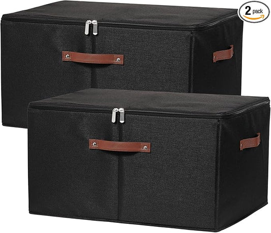 2 Pack Storage Bins with Zipper Lid Cotton Linen Fabric Lidded Storage Baskets Boxes Foldable Washable Closet Shelf Clothes Organizer Container with PU Leather Handles (Black, Extra Large)
