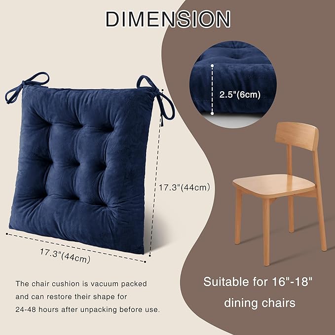 OVOV 2 Pack Chair Cushions for Dining Chairs Soft Seat Cushions for Kitchen Desk Chairs Square Chair Pads with Ties (15.5"x15.5" Navy)
