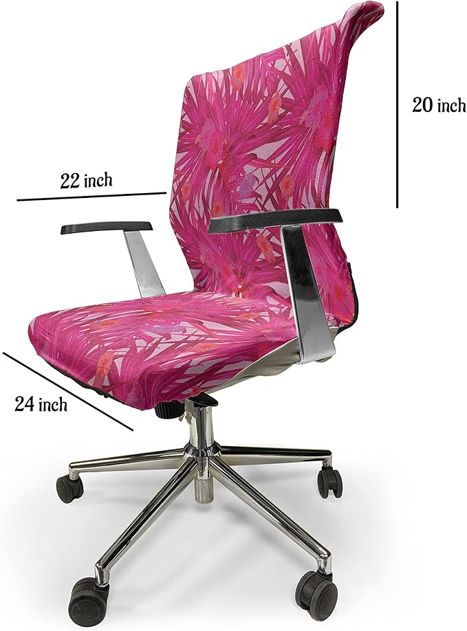 Ambesonne Hibiscus Office Chair Cover, Summer Concept Pattern of Tropical Flowers and Monstera Leaves, Stretchable Decorative Universal Size High Back Printed Slipcover, Raspberry Pink