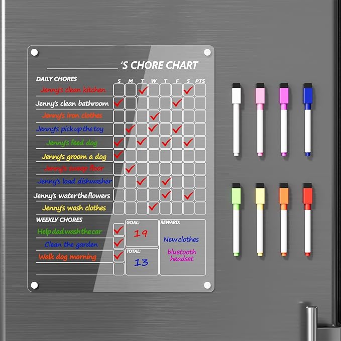 Neatsure Acrylic Magnetic Chore Chart for Fridge, Clear Dry Erase Chores Chart for Refrigerator, Responsibility Reward Planning Board for Teens Family, w/ 8 Colors Markers, 12"x9"