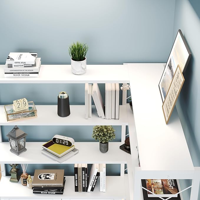 Wildhome 6-Shelf Corner Bookshelf, Vintage Industrial Corner Shelf Etagere Bookcase, Large Book Shelf with Metal Frame Open Storage Corner Cabinet (White-Lockers, Large)