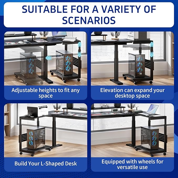 Computer Tower Stand/PC Tower Stand with Wheels, Dual Tier & 5-Level Adjustable CPU Holder Cart (23.2-33.5") — Under Desk Floor PC Stand for Gaming & Home Office [Black]