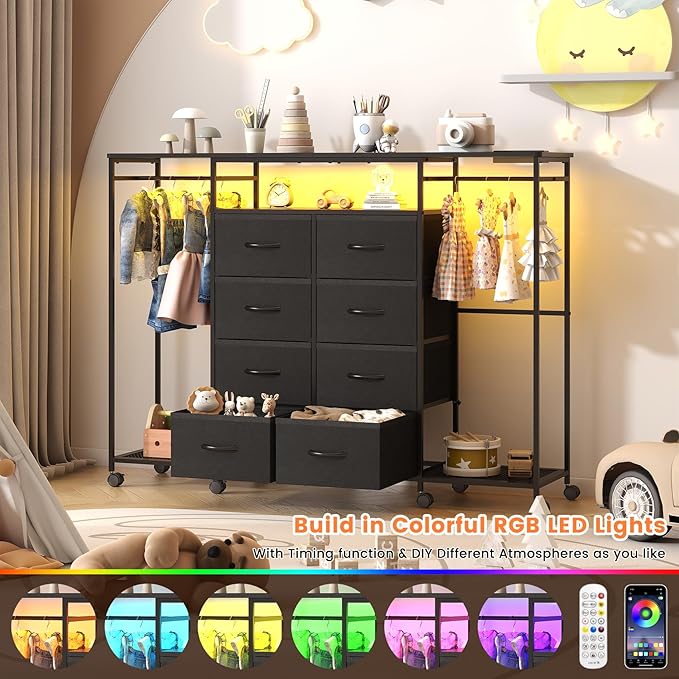 59.1" W Dresser for Bedroom with Hanging Rack, 8 Drawer Dresser with LED Lights & Charging Station, Fabric Dressers with Portable Wheels,Metal Frame, Wooden Top (Black)