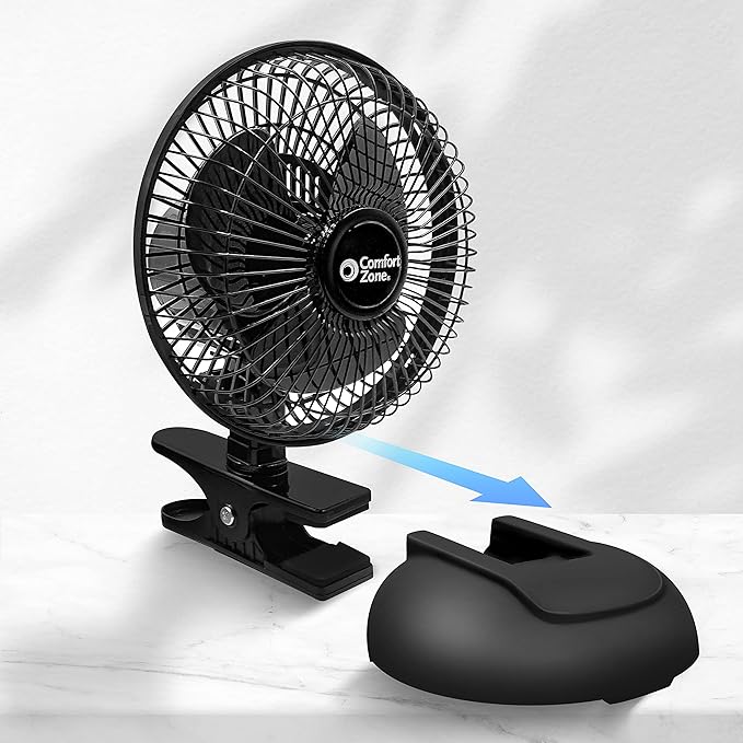 Comfort Zone CZ6XMBK 6” 2-Speed Combo Clip or Desk Fan with Removable Base, Strong Clamp for Firm Grip, Suitable for Bedroom, Office, or Dorm Room, Black