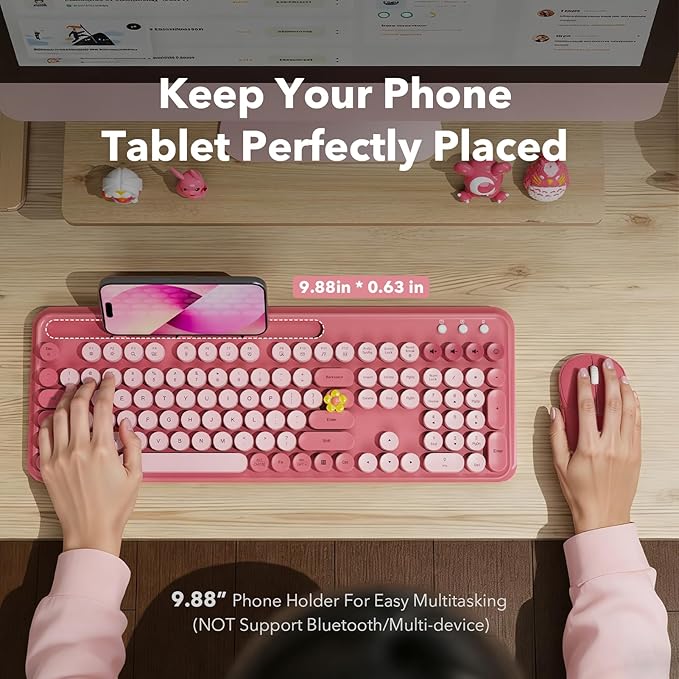 Wireless Keyboard and Mouse Combo, Cute Full-Size Typewriter-Style Keyboard, Retro Round Keycaps, Phone/Tablet Holder, 3-Level DPI Mouse, 2.4GHz Cordless for Mac Windows PC Laptop, Trueque CK13, Rose