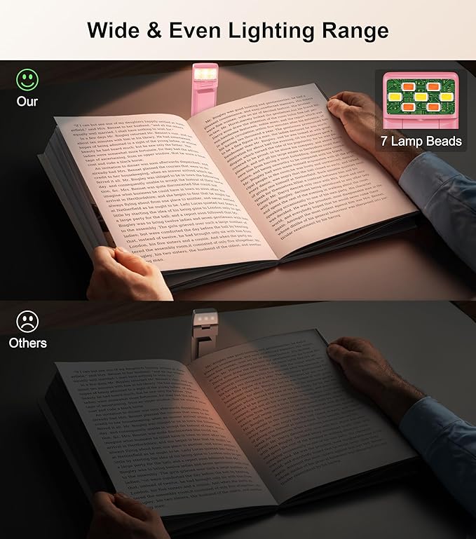Gritin Book Light Rechargeable, Eye Caring 3-Color & 5-Brightness Clip on LED Reading Light for Books in Bed- Stepless Dimming, Long Lasting, Compact Size Flexible Book Lamp for Bookworms-Warm Pink