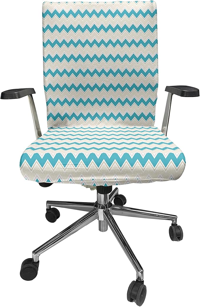 Ambesonne Teal Office Chair Cover, Horizontal Zigzag Lines Chevron Triangles Pattern Simple Classical Geometric Design, Stretchable Decorative Universal Size High Back Printed Slipcover, Cream Teal