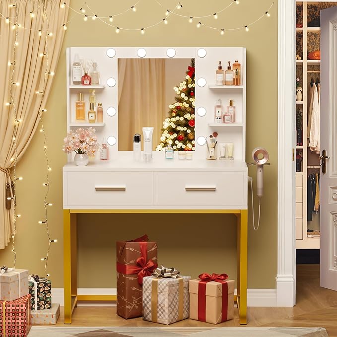 YESHOMY Vanity Desk with Mirror, Makeup Table with 2 Large Drawers, Power Outlet and Round Holder, 3 Color Modes Adjustable Bulb, White & Gold Frame