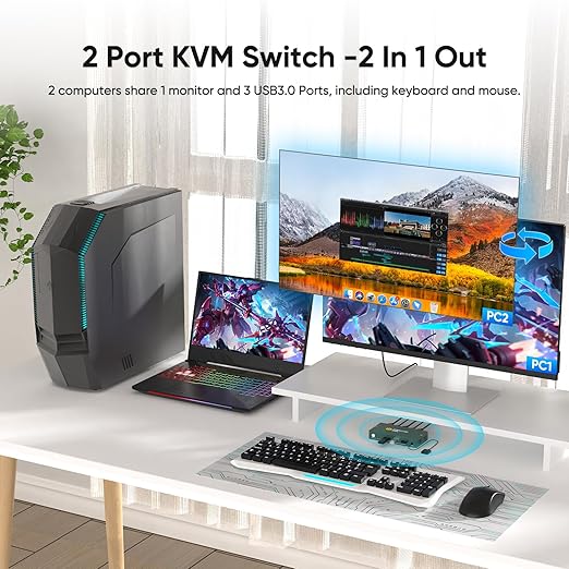 8K HDMI KVM Switch 2 Computers 1 Monitor,USB3.0 8K@60HZ 2 Port kvm Switcher for 2 PC/Laptop to Share Keyboard&Mouse,Remoto Control,EDID Supported