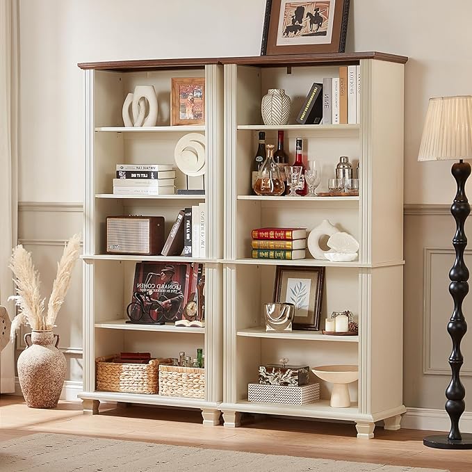 SAVOR LIFE 70" Tall White Bookshelf,5 Tier Wood Book Shelf with Adjustable Shelves & Wood Legs,Free Standing Farmhouse Bookcase with Open Display Storage,Vintage Kids Bookshelves for Nursery,Bedroom