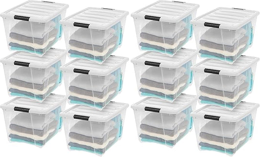 IRIS USA 12-Pack 54 Quart Stackable Storage Bins with Lids [Made in USA] - Everyday Organizer Latching Clear Plastic Organization Containers Closet Bedroom Shelving Units Home Storage - Clear/White